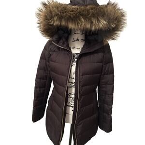 Michael Kors Women's Down Jacket Faux Fur Size S Black Detachable Hood Zip Front